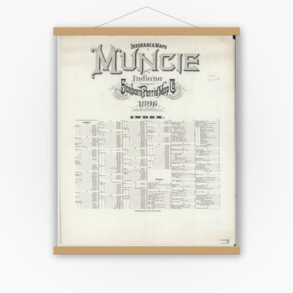 Old map wall art mockup — magnetic wood frame on white wall — Sanborn Fire Insurance Map from Muncie, Delaware County, Indiana (1896), Sheet #0001