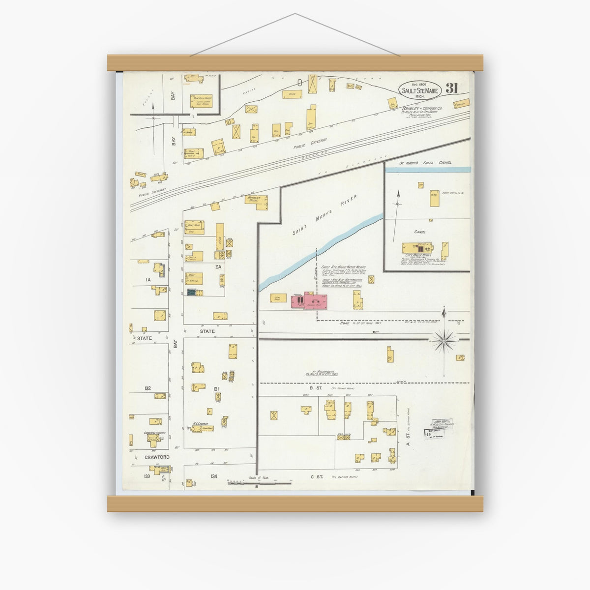 Old map wall art mockup — magnetic wood frame on white wall — Sanborn Fire Insurance Map from Sault Sainte Marie, Chippewa County, Michigan (1906), Sheet #0031