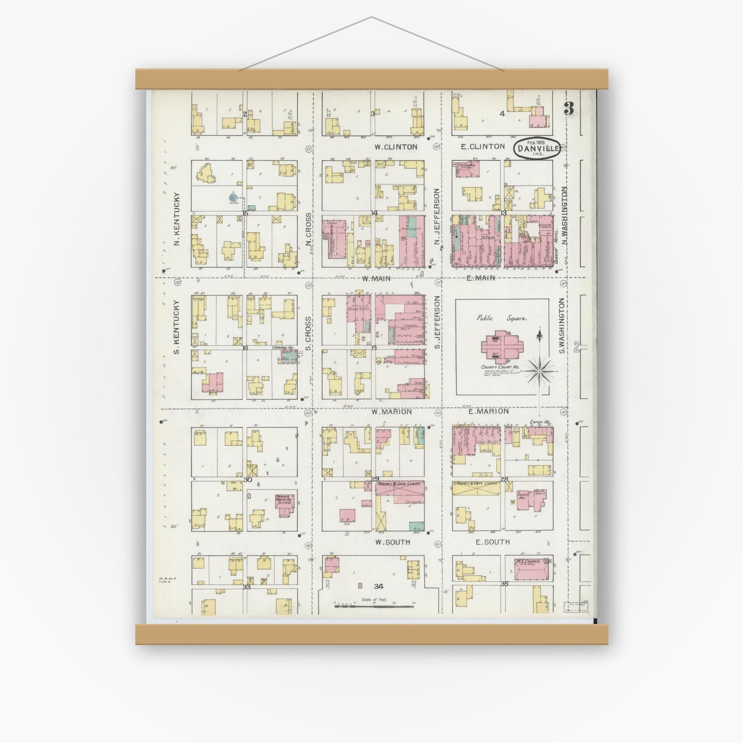 Old map wall art mockup — magnetic wood frame on white wall — Sanborn Fire Insurance Map from Danville, Hendricks County, Indiana (1893), Sheet #0003
