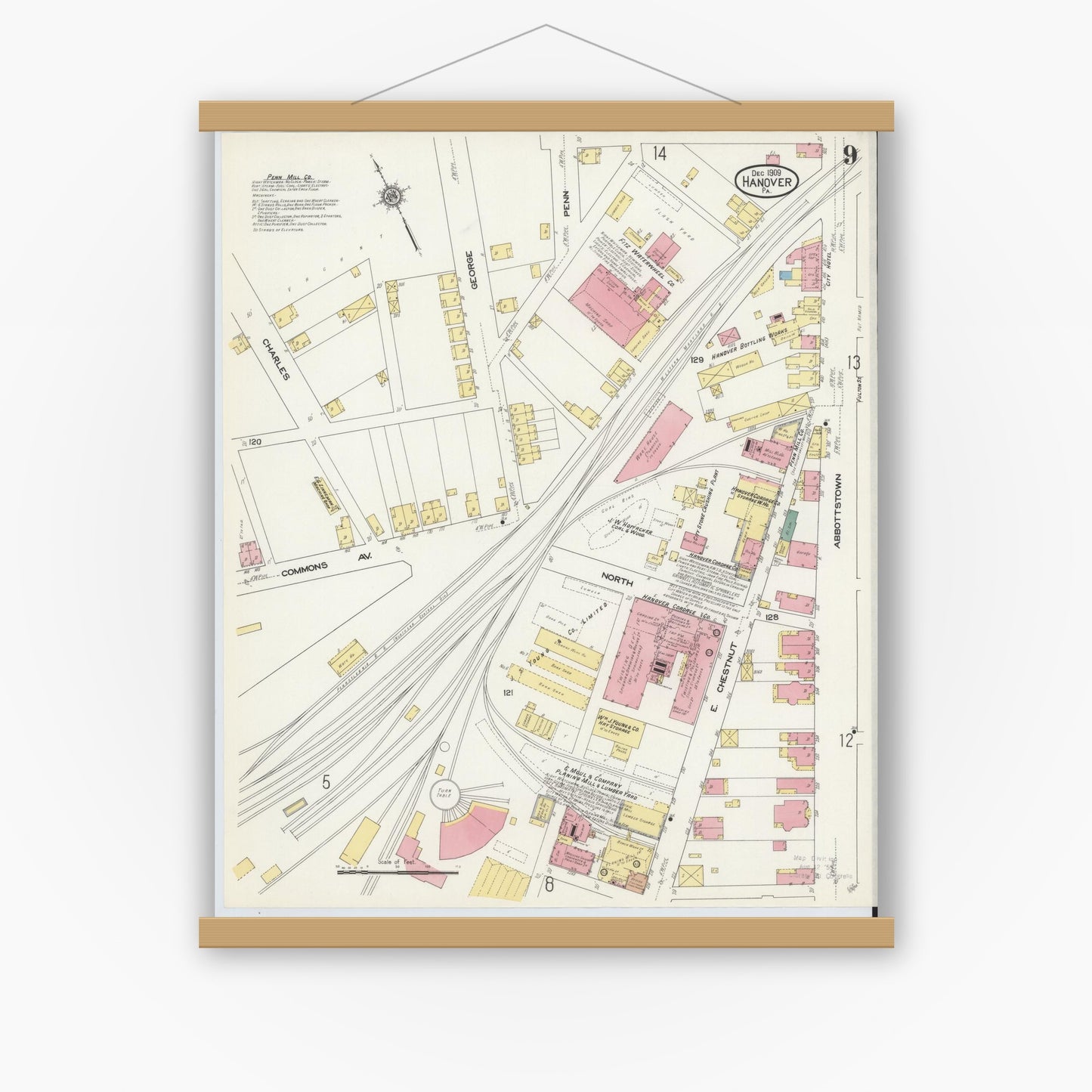 Old map wall art mockup — magnetic wood frame on white wall — Sanborn Fire Insurance Map from Hanover, York County, Pennsylvania (1909), Sheet #0009
