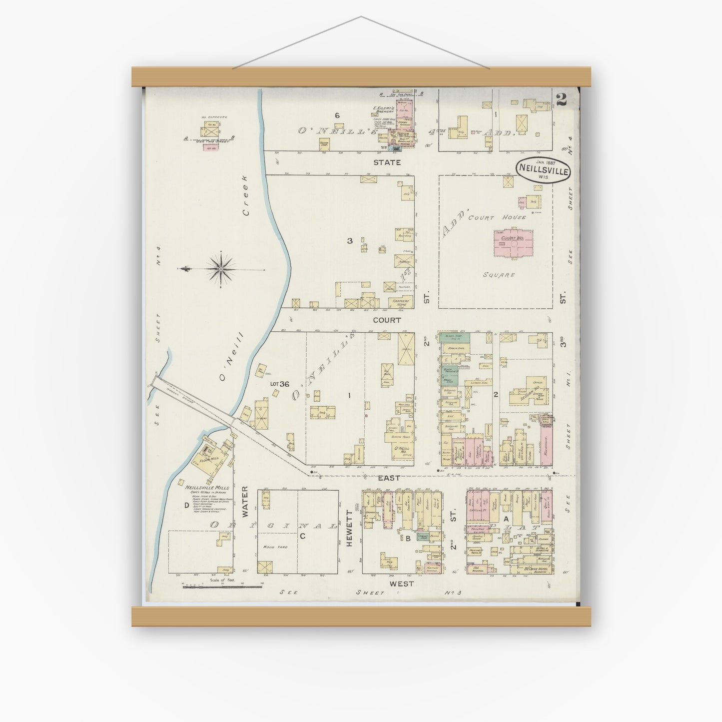 Old map wall art mockup — magnetic wood frame on white wall — Sanborn Fire Insurance Map from Neillsville, Clark County, Wisconsin (1887), Sheet #0002