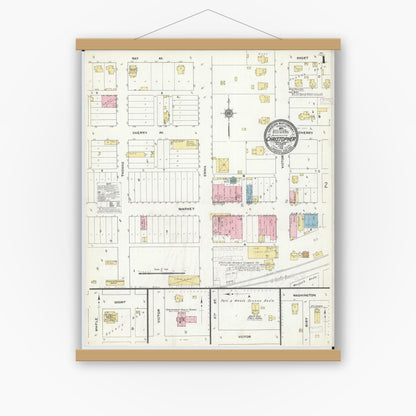 Old map wall art mockup — magnetic wood frame on white wall — Sanborn Fire Insurance Map from Christopher, Franklin County, Illinois (1910), Sheet #0001