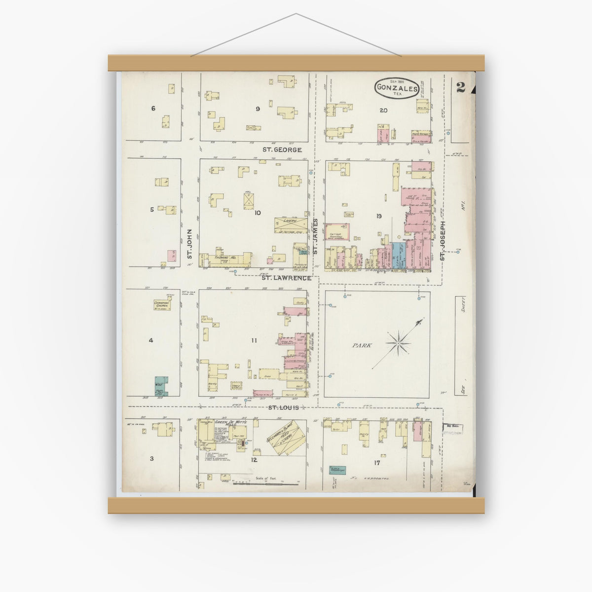 Old map wall art mockup — magnetic wood frame on white wall — Sanborn Fire Insurance Map from Gonzales, Gonzales County, Texas (1891), Sheet #0002