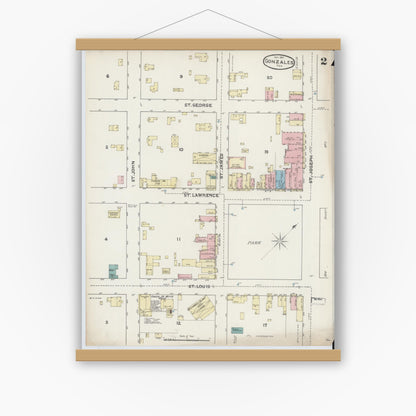 Old map wall art mockup — magnetic wood frame on white wall — Sanborn Fire Insurance Map from Gonzales, Gonzales County, Texas (1891), Sheet #0002