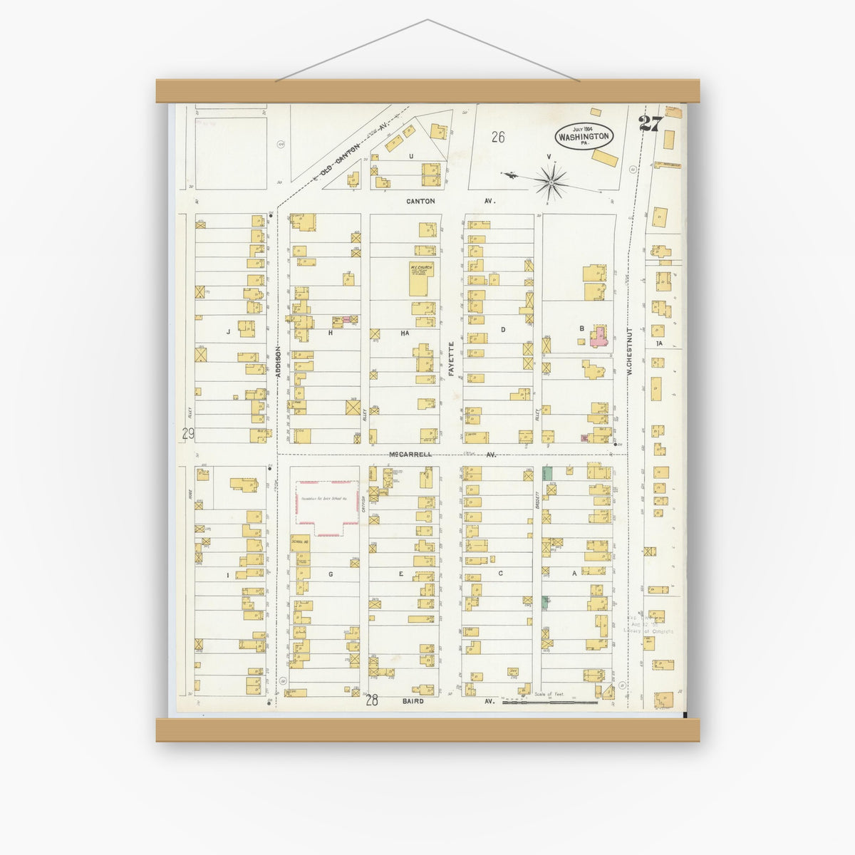 Old map wall art mockup — magnetic wood frame on white wall — Sanborn Fire Insurance Map from Washington, Washington County, Pennsylvania (1904), Sheet #0027