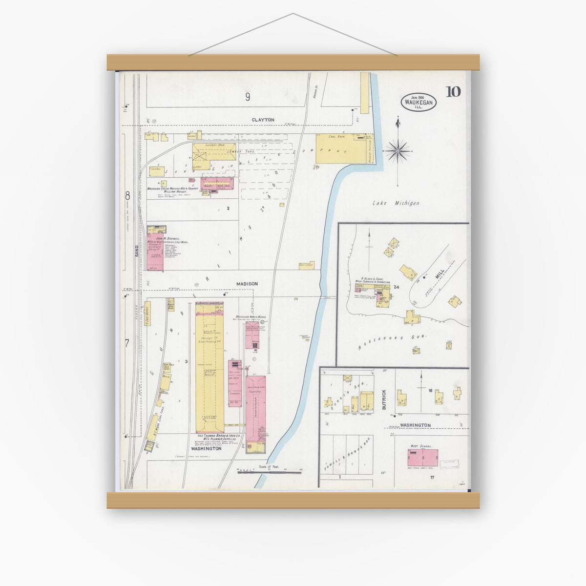 Old map wall art mockup — magnetic wood frame on white wall — Sanborn Fire Insurance Map from Waukegan, Lake County, Illinois (1906), Sheet #0010