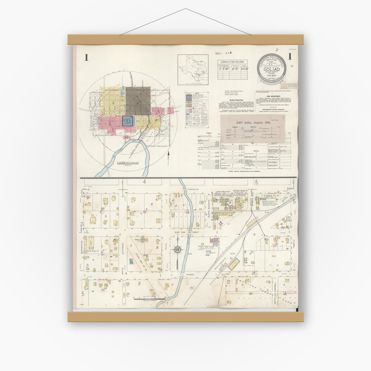 Old map wall art mockup — magnetic wood frame on white wall — Sanborn Fire Insurance Map from Goliad, Goliad County, Texas (1944) - Complete Map Set