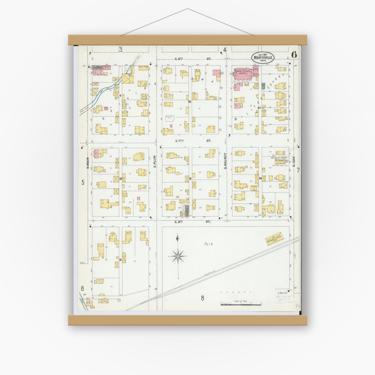 Old map wall art mockup — magnetic wood frame on white wall — Sanborn Fire Insurance Map from Marysville, Union County, Ohio (1901), Sheet #0006