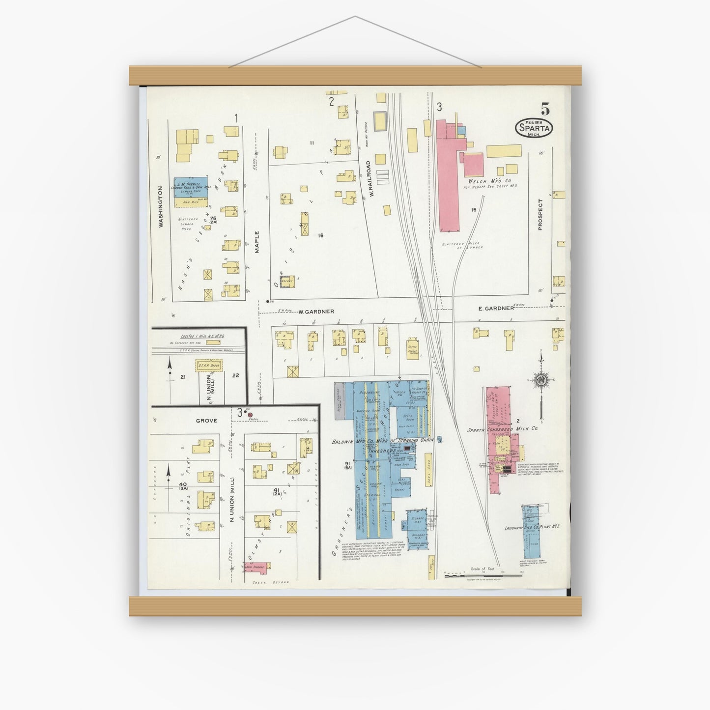 Old map wall art mockup — magnetic wood frame on white wall — Sanborn Fire Insurance Map from Sparta, Kent County, Michigan (1918), Sheet #0005