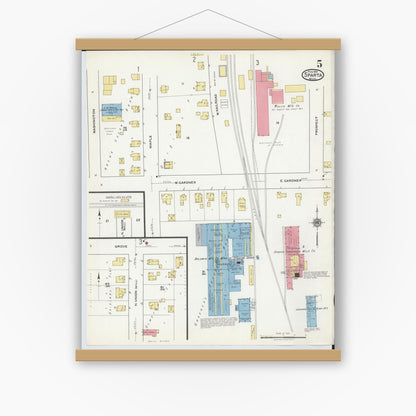 Old map wall art mockup — magnetic wood frame on white wall — Sanborn Fire Insurance Map from Sparta, Kent County, Michigan (1918), Sheet #0005
