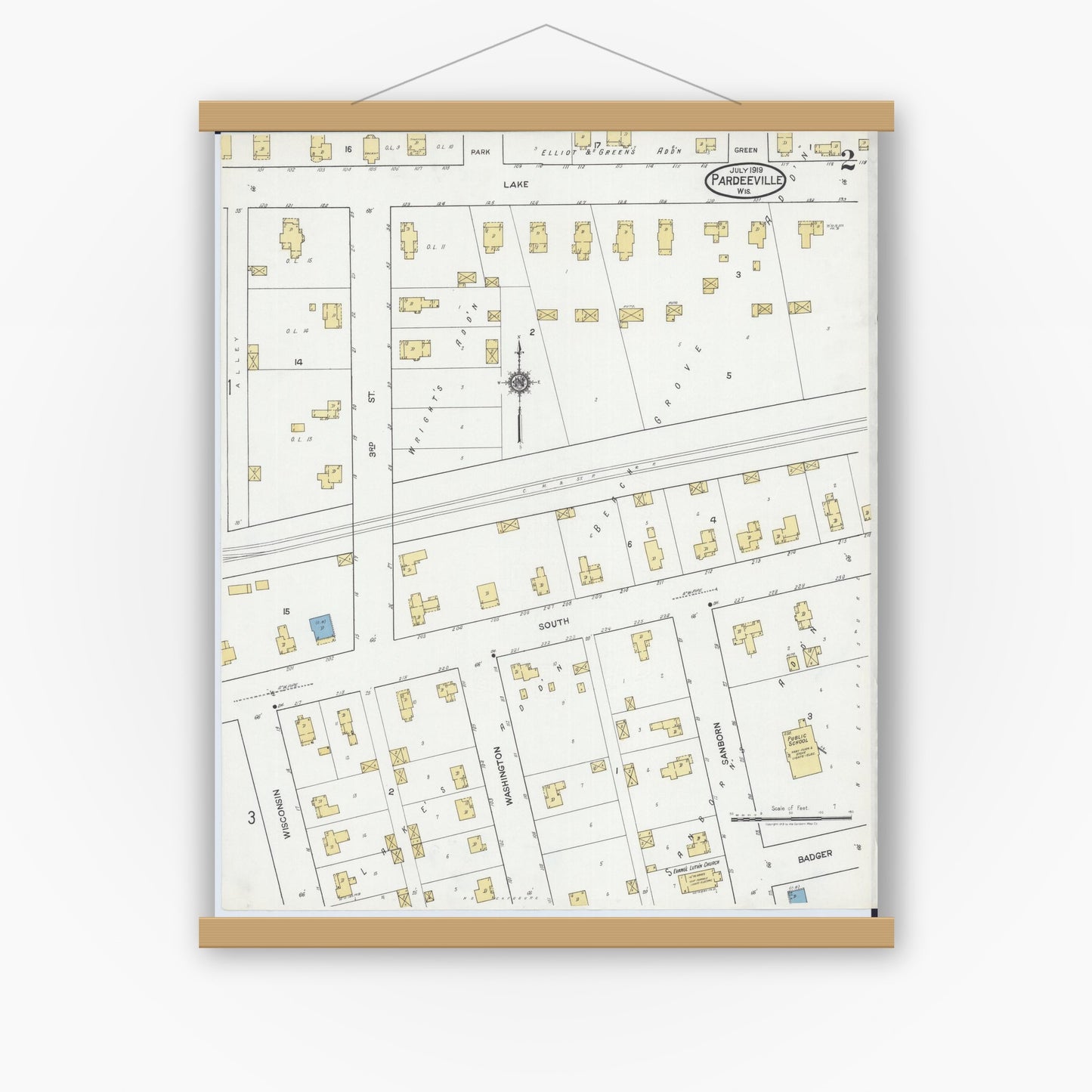 Old map wall art mockup — magnetic wood frame on white wall — Sanborn Fire Insurance Map from Pardeeville, Columbia County, Wisconsin (1919), Sheet #0002