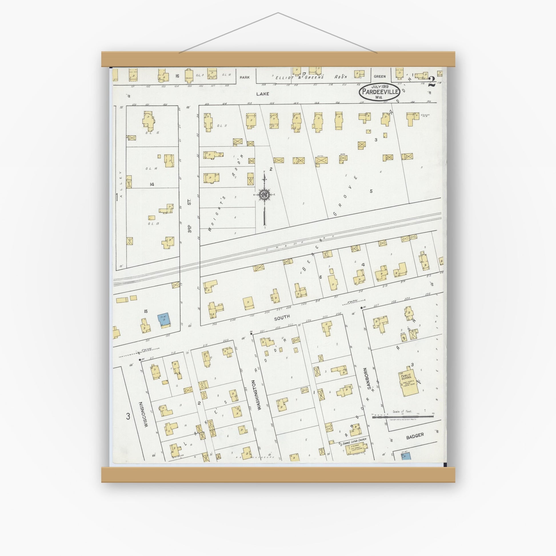 Old map wall art mockup — magnetic wood frame on white wall — Sanborn Fire Insurance Map from Pardeeville, Columbia County, Wisconsin (1919), Sheet #0002