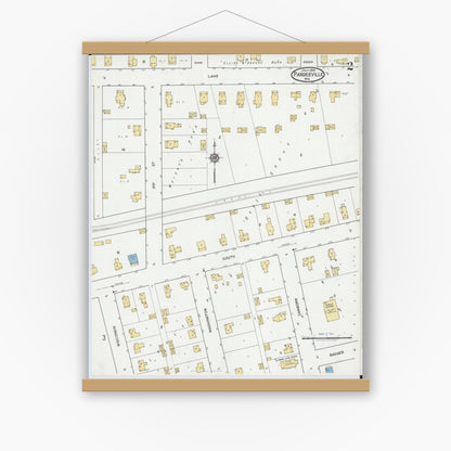 Old map wall art mockup — magnetic wood frame on white wall — Sanborn Fire Insurance Map from Pardeeville, Columbia County, Wisconsin (1919), Sheet #0002