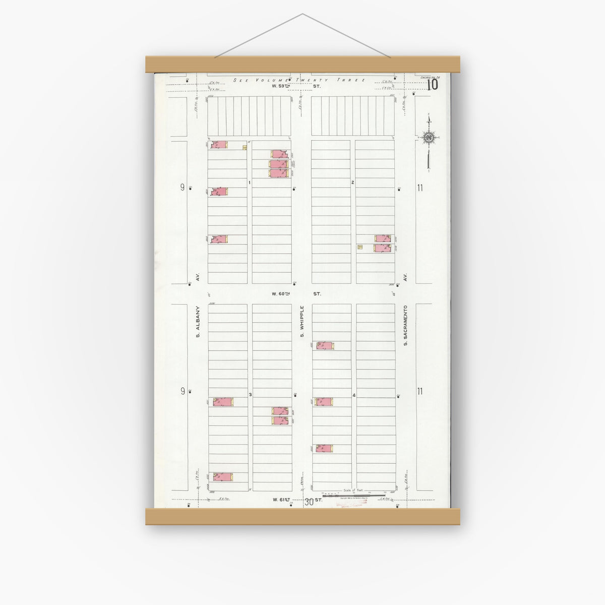 Old map wall art mockup — magnetic wood frame on white wall — Sanborn Fire Insurance Map from Chicago, Cook County, Illinois (1920), Sheet #0010