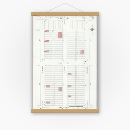 Old map wall art mockup — magnetic wood frame on white wall — Sanborn Fire Insurance Map from Chicago, Cook County, Illinois (1920), Sheet #0010