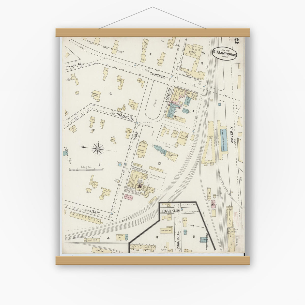 Old map wall art mockup — magnetic wood frame on white wall — Sanborn Fire Insurance Map from South Farmington, Middlesex County, Massachusetts (1887), Sheet #0002