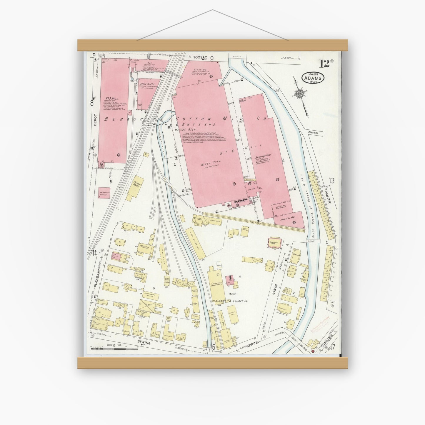 Old map wall art mockup — magnetic wood frame on white wall — Sanborn Fire Insurance Map from Adams, Berkshire County, Massachusetts (1914), Sheet #0012