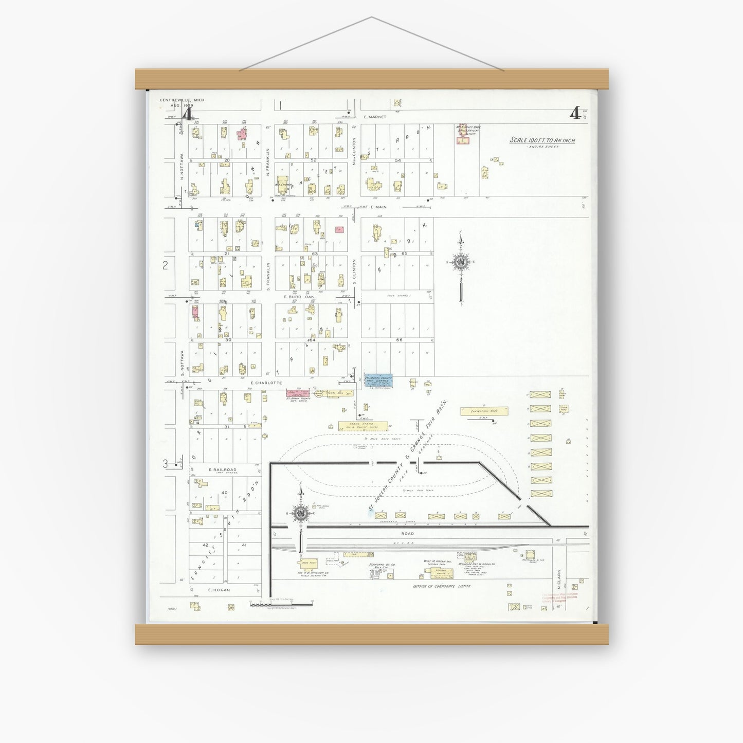 Old map wall art mockup — magnetic wood frame on white wall — Sanborn Fire Insurance Map from Centreville, Saint Joseph County, Michigan (1939), Sheet #0004