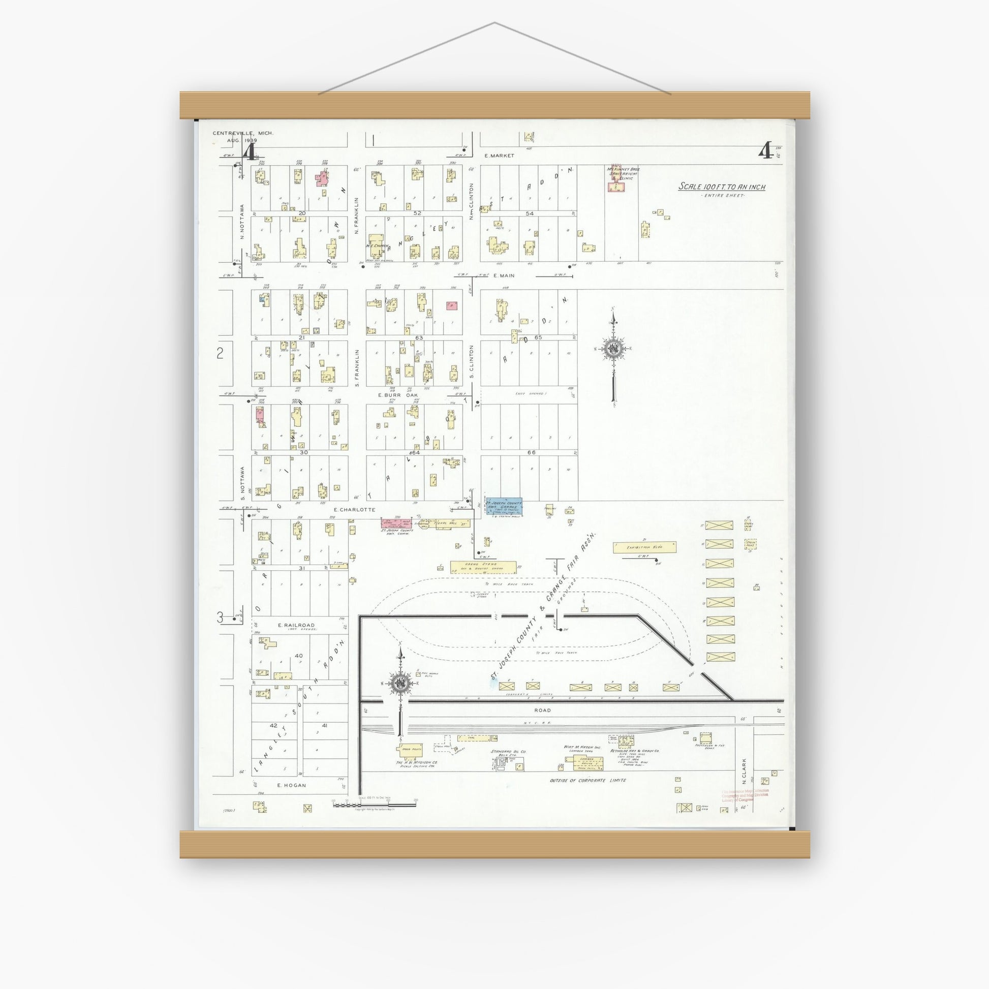 Old map wall art mockup — magnetic wood frame on white wall — Sanborn Fire Insurance Map from Centreville, Saint Joseph County, Michigan (1939), Sheet #0004