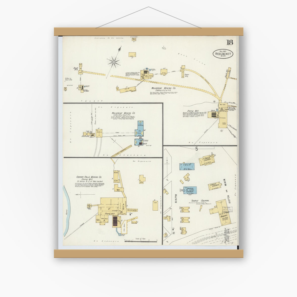 Old map wall art mockup — magnetic wood frame on white wall — Sanborn Fire Insurance Map from Red Jacket, Houghton County, Michigan (1897), Sheet #0018