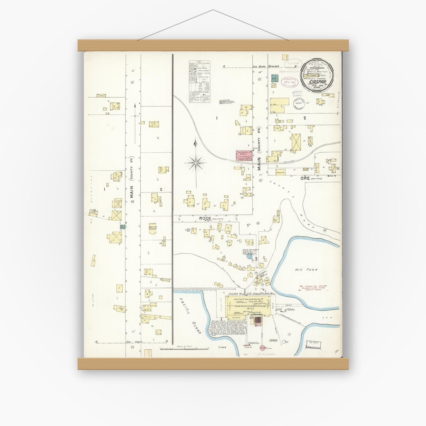 Old map wall art mockup — magnetic wood frame on white wall — Sanborn Fire Insurance Map from Caspar, Mendocino County, California (1898), Sheet #0001