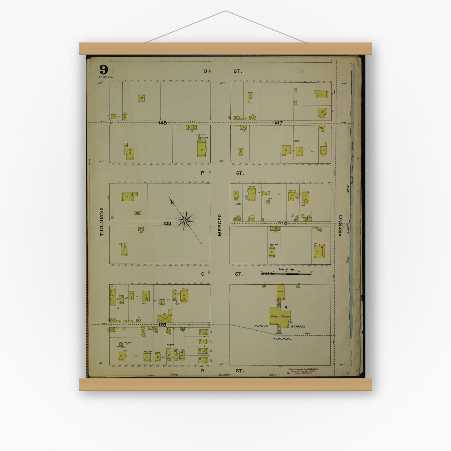 Old map wall art mockup — magnetic wood frame on white wall — Sanborn Fire Insurance Map from Fresno, Fresno County, California (1888), Sheet #0009
