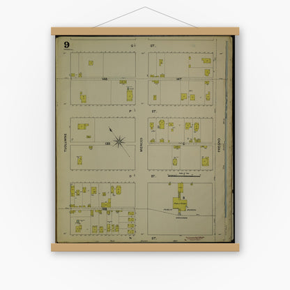 Old map wall art mockup — magnetic wood frame on white wall — Sanborn Fire Insurance Map from Fresno, Fresno County, California (1888), Sheet #0009