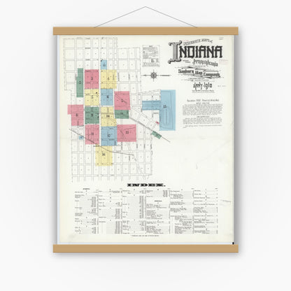 Old map wall art mockup — magnetic wood frame on white wall — Sanborn Fire Insurance Map from Indiana, Indiana County, Pennsylvania (1910) - Complete Map Set