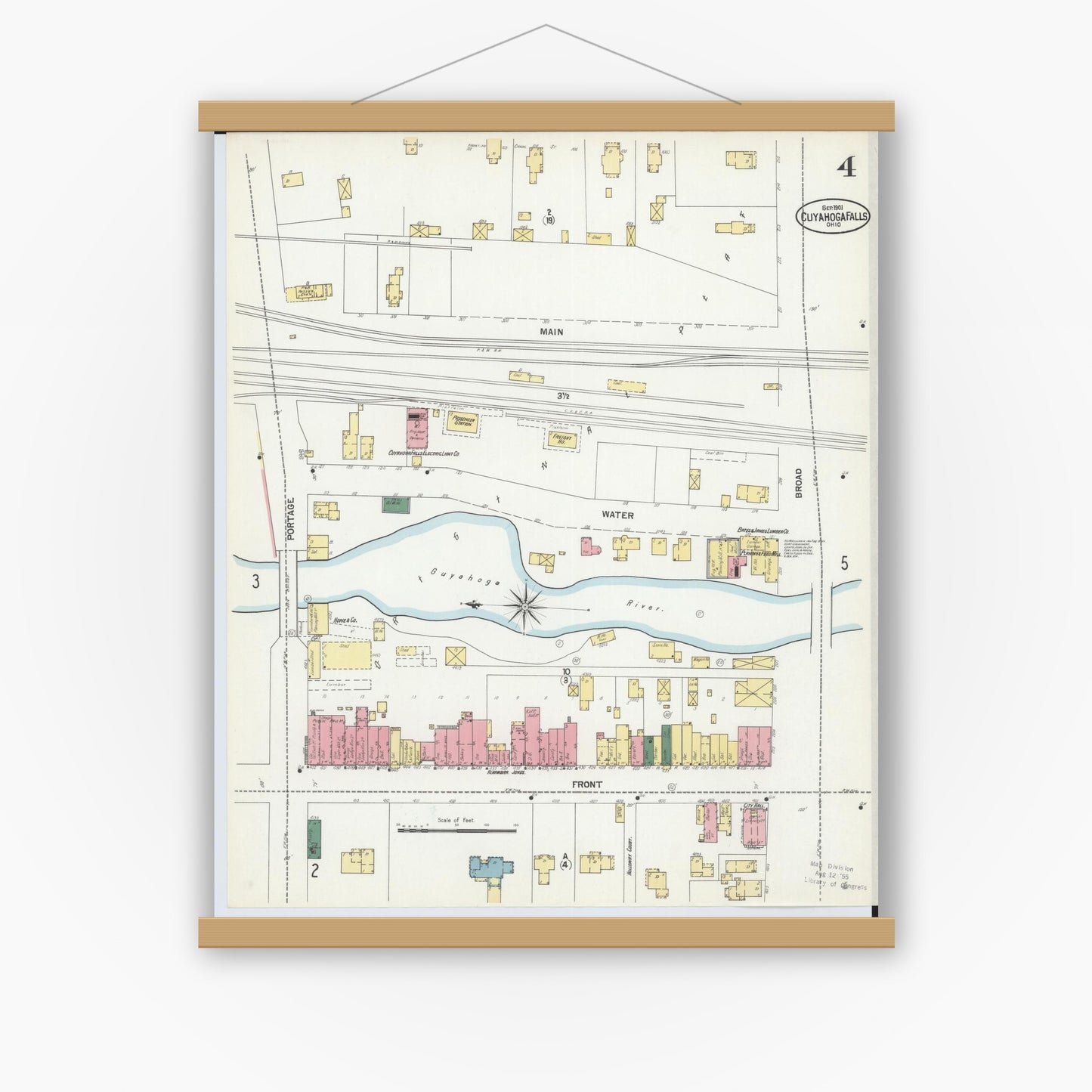 Old map wall art mockup — magnetic wood frame on white wall — Sanborn Fire Insurance Map from Cuyahoga Falls, Summit County, Ohio (1901), Sheet #0004