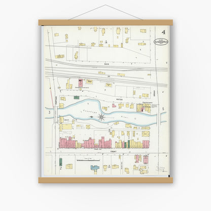 Old map wall art mockup — magnetic wood frame on white wall — Sanborn Fire Insurance Map from Cuyahoga Falls, Summit County, Ohio (1901), Sheet #0004