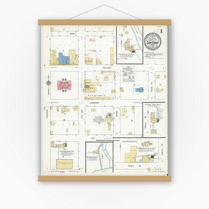 Old map wall art mockup — magnetic wood frame on white wall — Sanborn Fire Insurance Map from San Saba, San Saba County, Texas (1912) - Complete Map Set