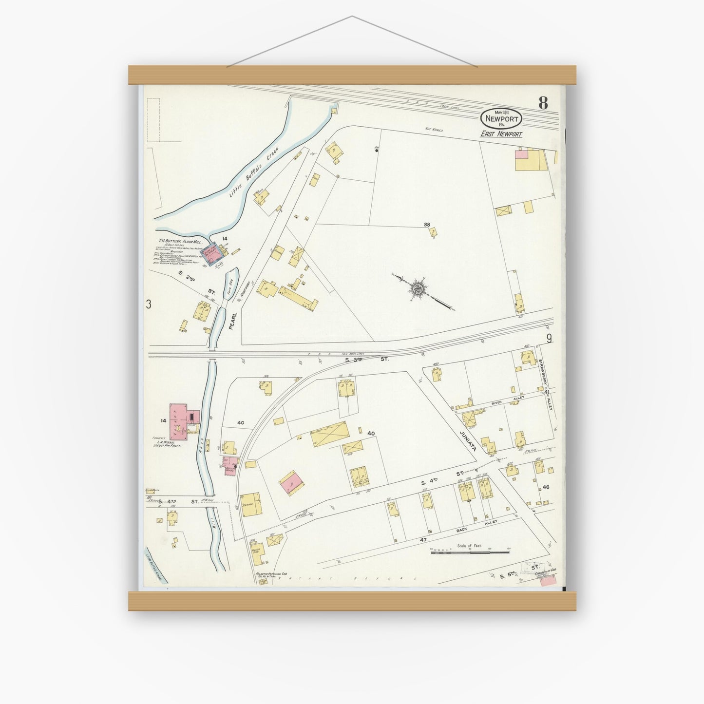 Old map wall art mockup — magnetic wood frame on white wall — Sanborn Fire Insurance Map from Newport, Perry County, Pennsylvania (1911), Sheet #0008