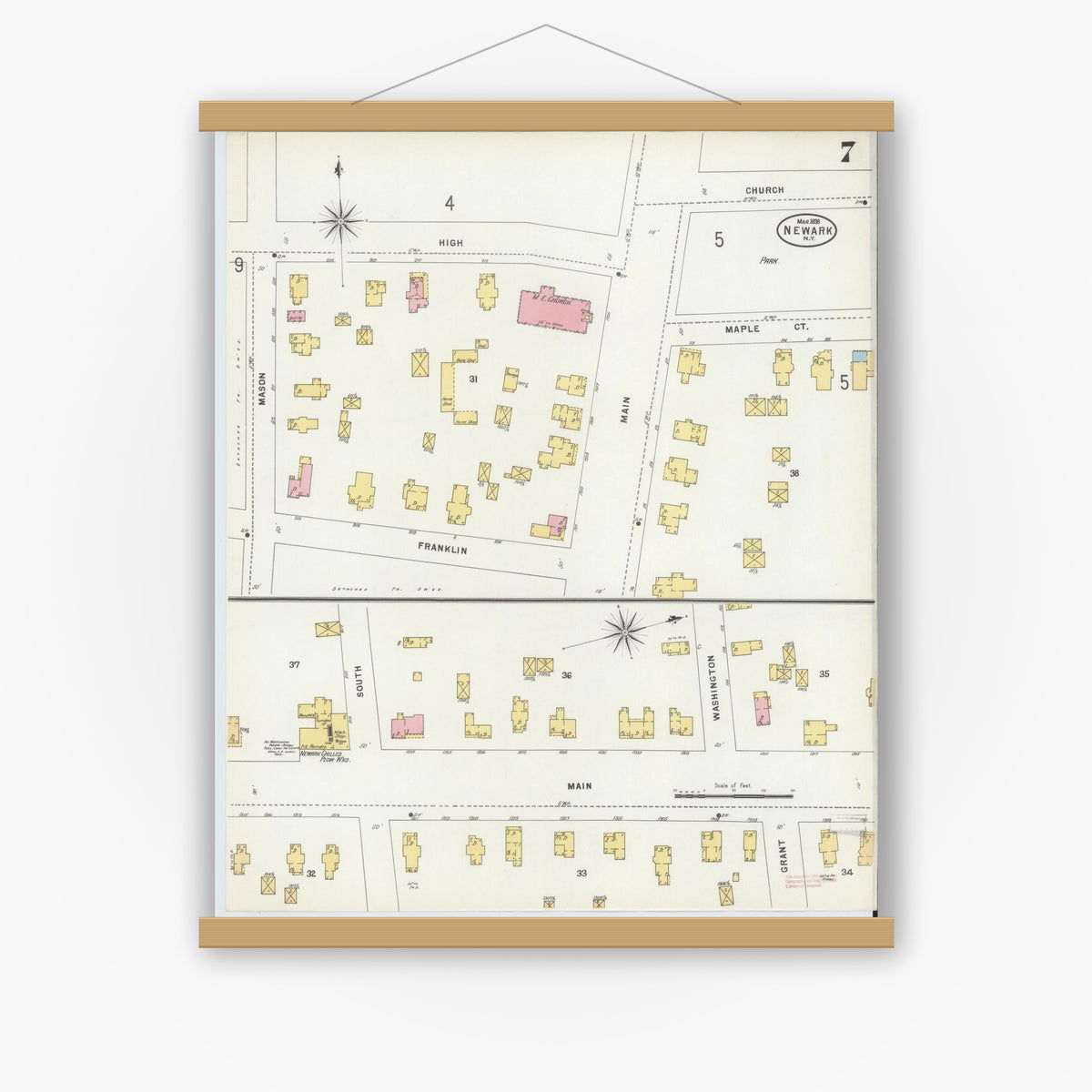 Old map wall art mockup — magnetic wood frame on white wall — Sanborn Fire Insurance Map from Newark, Wayne County, New York (1898), Sheet #0007