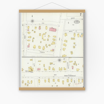 Old map wall art mockup — magnetic wood frame on white wall — Sanborn Fire Insurance Map from Newark, Wayne County, New York (1898), Sheet #0007