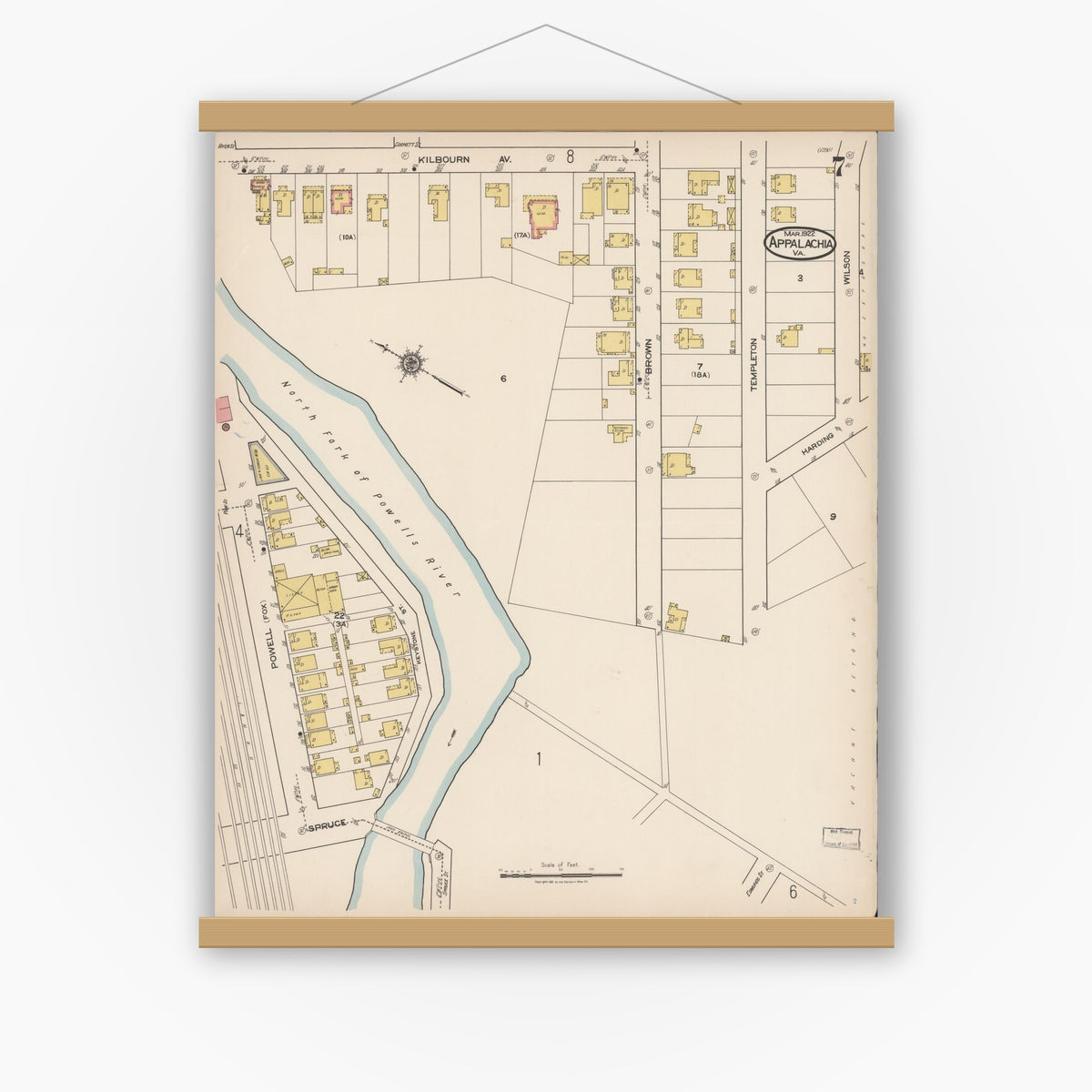 Old map wall art mockup — magnetic wood frame on white wall — Sanborn Fire Insurance Map from Appalachia, Wise County, Virginia (1922), Sheet #0007