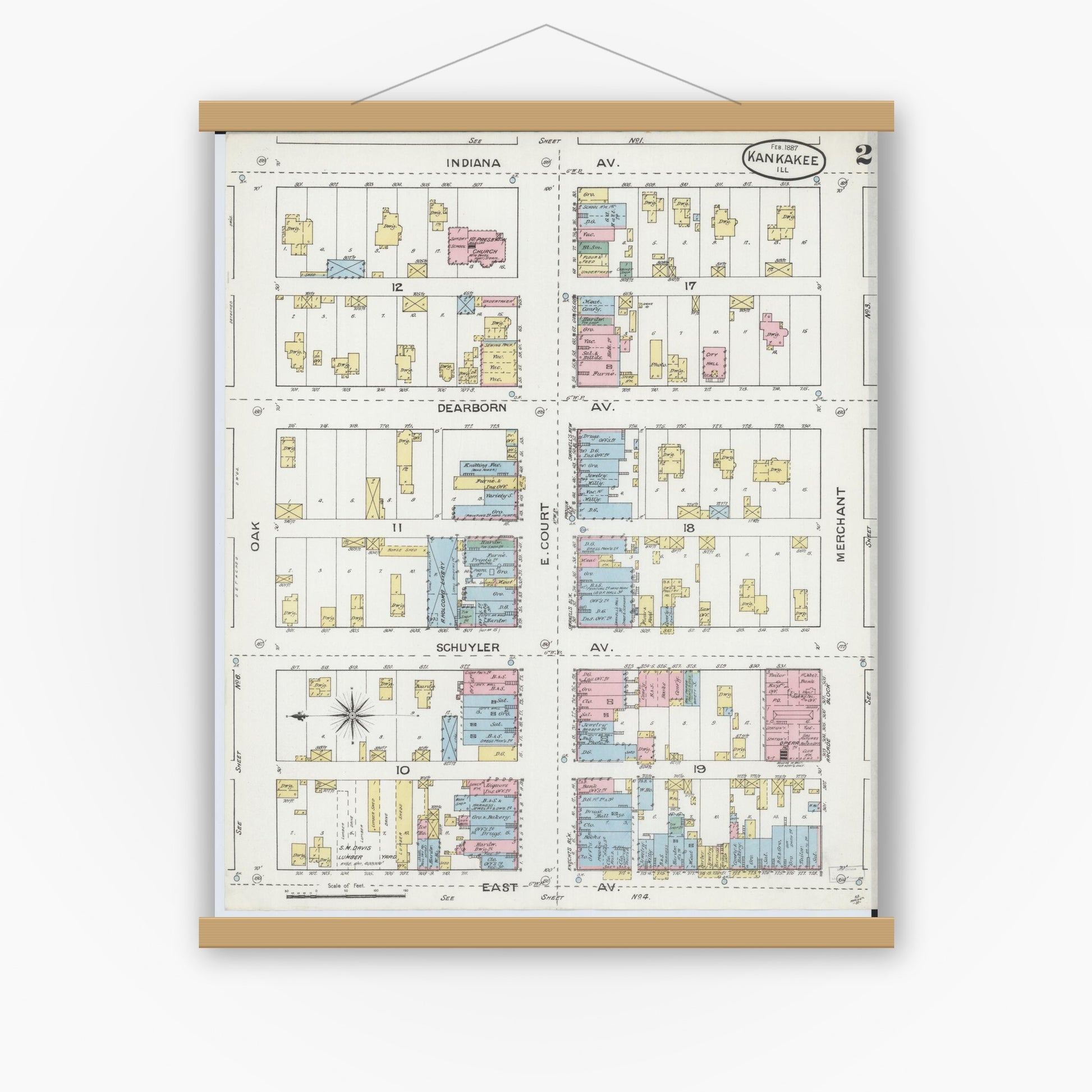 Old map wall art mockup — magnetic wood frame on white wall — Sanborn Fire Insurance Map from Kankakee, Kankakee County, Illinois (1887), Sheet #0002