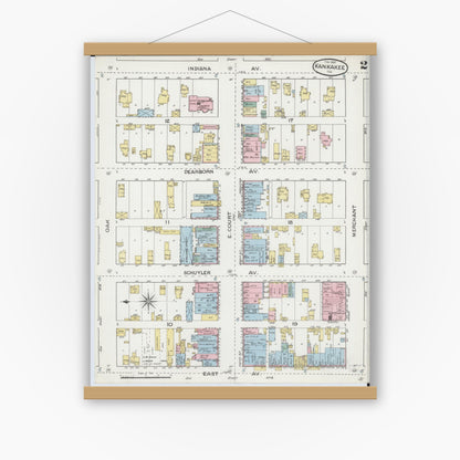 Old map wall art mockup — magnetic wood frame on white wall — Sanborn Fire Insurance Map from Kankakee, Kankakee County, Illinois (1887), Sheet #0002