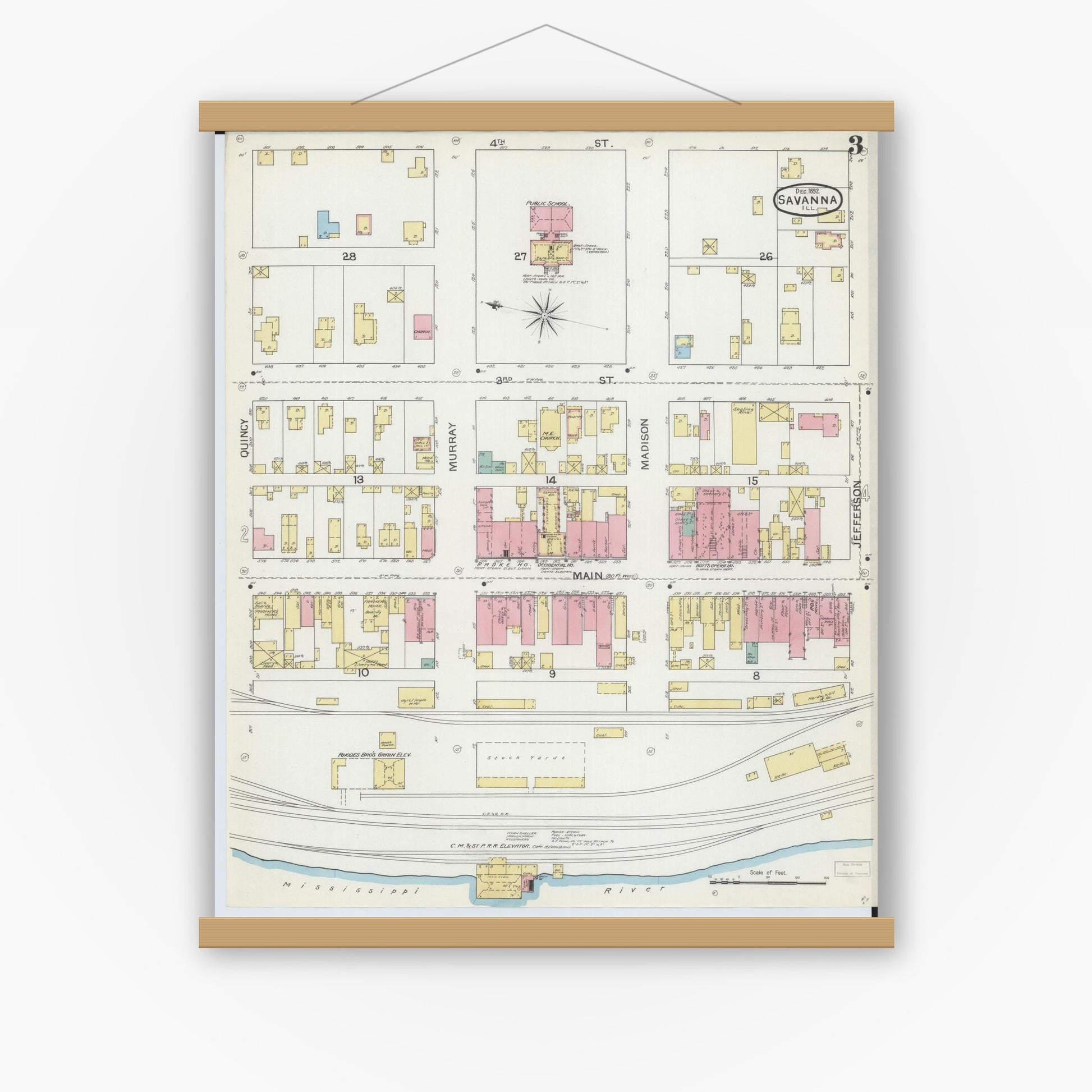 Old map wall art mockup — magnetic wood frame on white wall — Sanborn Fire Insurance Map from Savanna, Carroll County, Illinois (1892), Sheet #0003