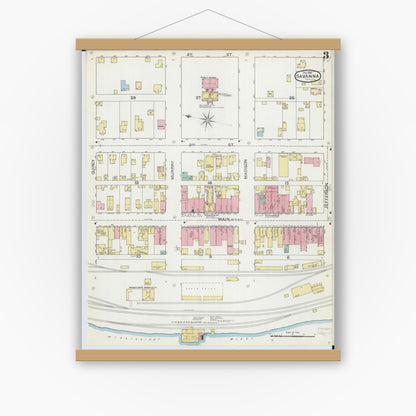 Old map wall art mockup — magnetic wood frame on white wall — Sanborn Fire Insurance Map from Savanna, Carroll County, Illinois (1892), Sheet #0003