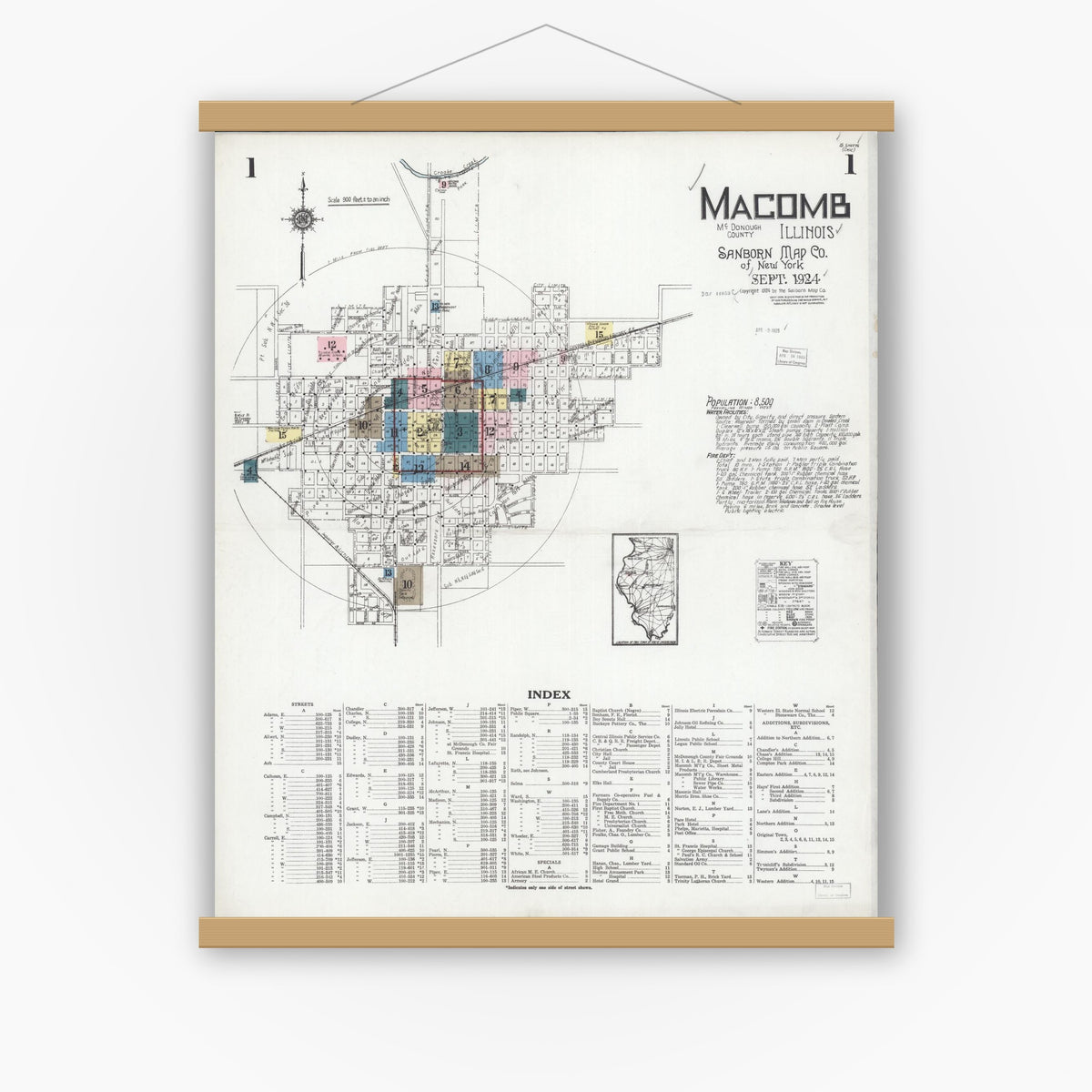 Old map wall art mockup — magnetic wood frame on white wall — Sanborn Fire Insurance Map from Macomb, Mcdonough County, Illinois (1924) - Complete Map Set