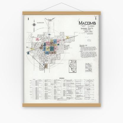 Old map wall art mockup — magnetic wood frame on white wall — Sanborn Fire Insurance Map from Macomb, Mcdonough County, Illinois (1924) - Complete Map Set