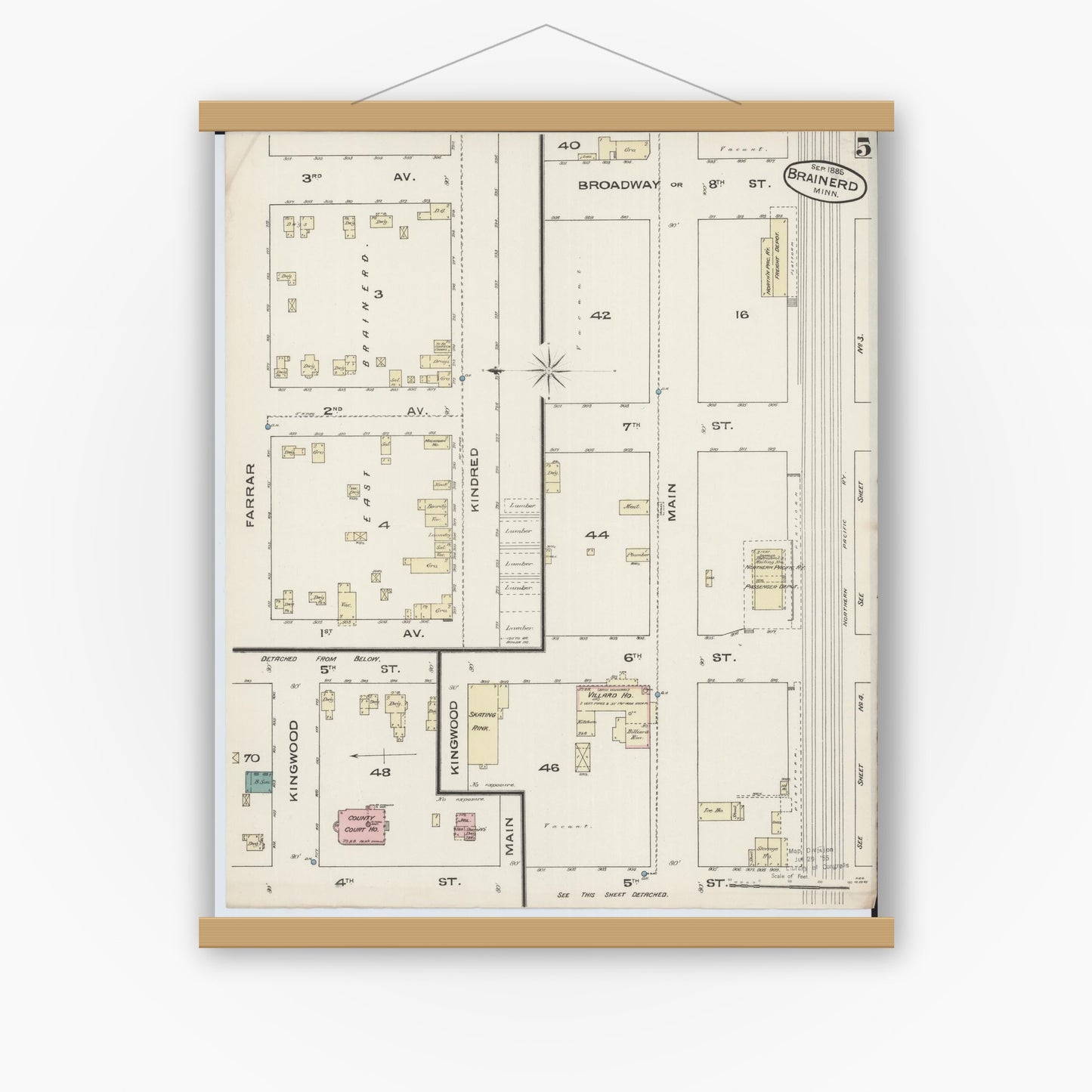 Old map wall art mockup — magnetic wood frame on white wall — Sanborn Fire Insurance Map from Brainerd, Crow Wing County, Minnesota (1885), Sheet #0005