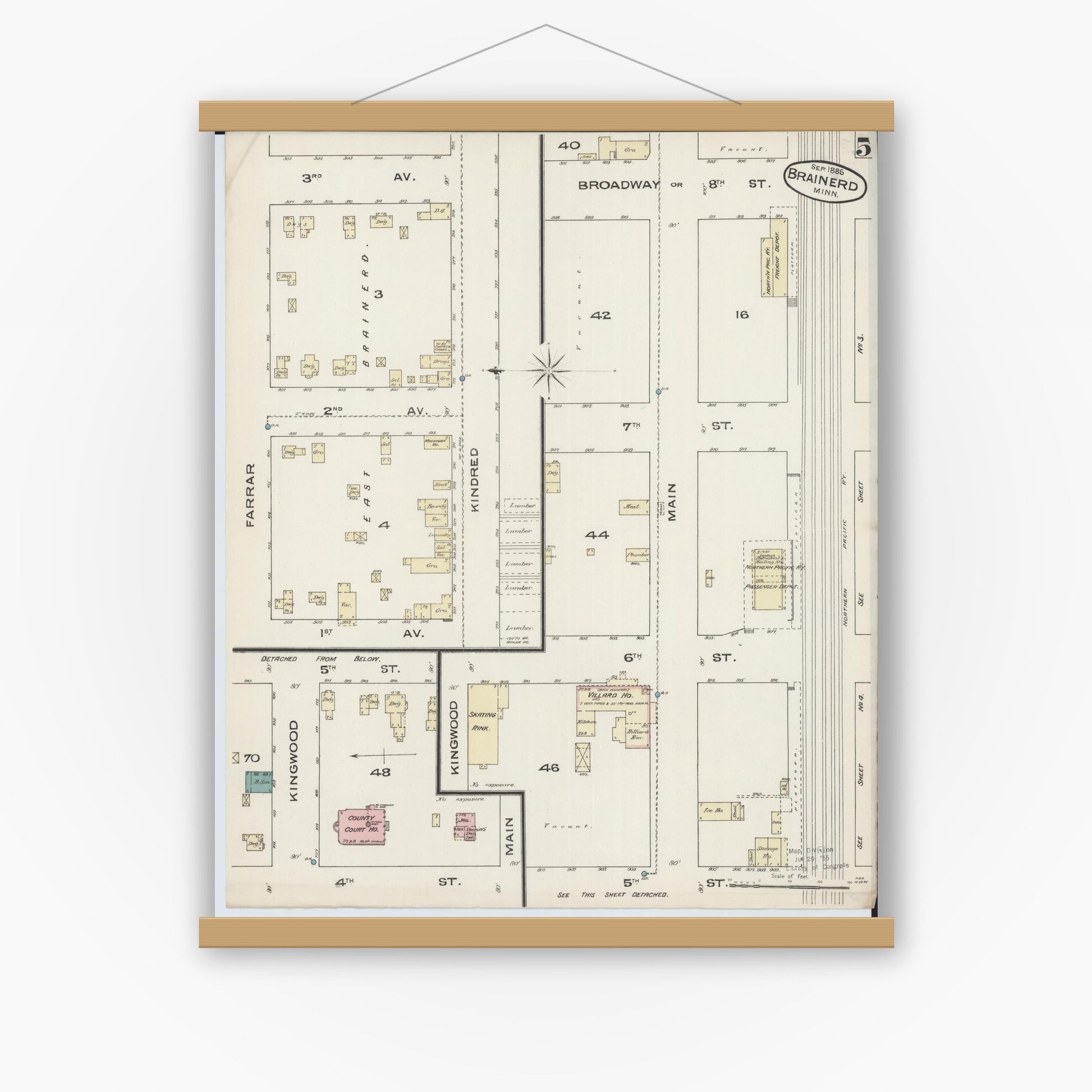 Old map wall art mockup — magnetic wood frame on white wall — Sanborn Fire Insurance Map from Brainerd, Crow Wing County, Minnesota (1885), Sheet #0005