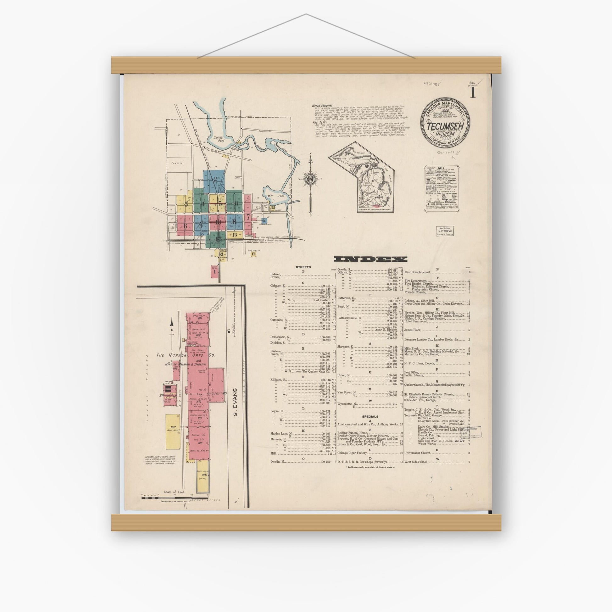 Old map wall art mockup — magnetic wood frame on white wall — Sanborn Fire Insurance Map from Tecumseh, Lenawee County, Michigan (1922), Sheet #0001