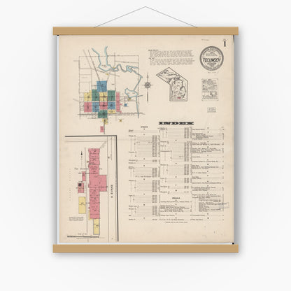 Old map wall art mockup — magnetic wood frame on white wall — Sanborn Fire Insurance Map from Tecumseh, Lenawee County, Michigan (1922), Sheet #0001