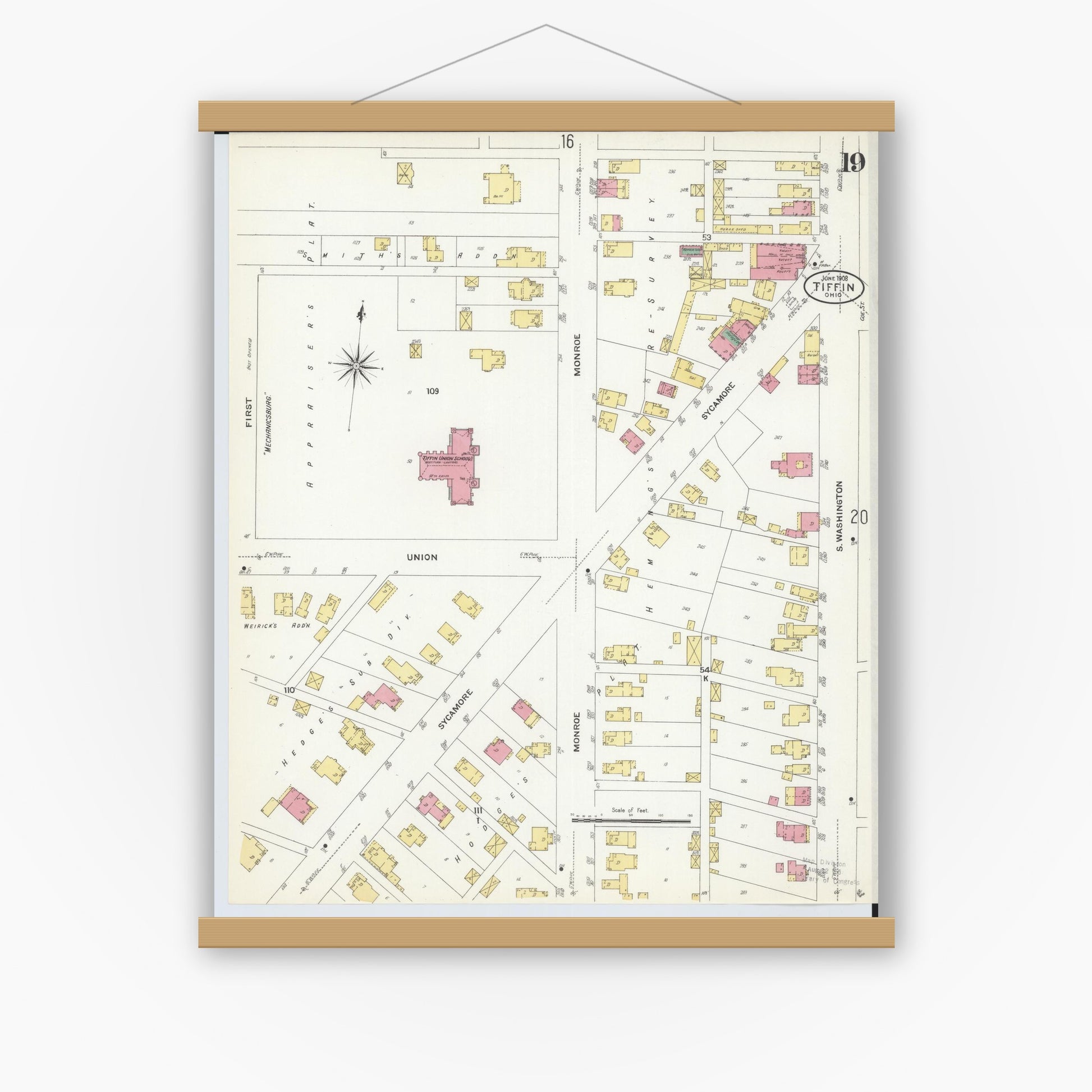 Old map wall art mockup — magnetic wood frame on white wall — Sanborn Fire Insurance Map from Tiffin, Seneca County, Ohio (1908), Sheet #0019