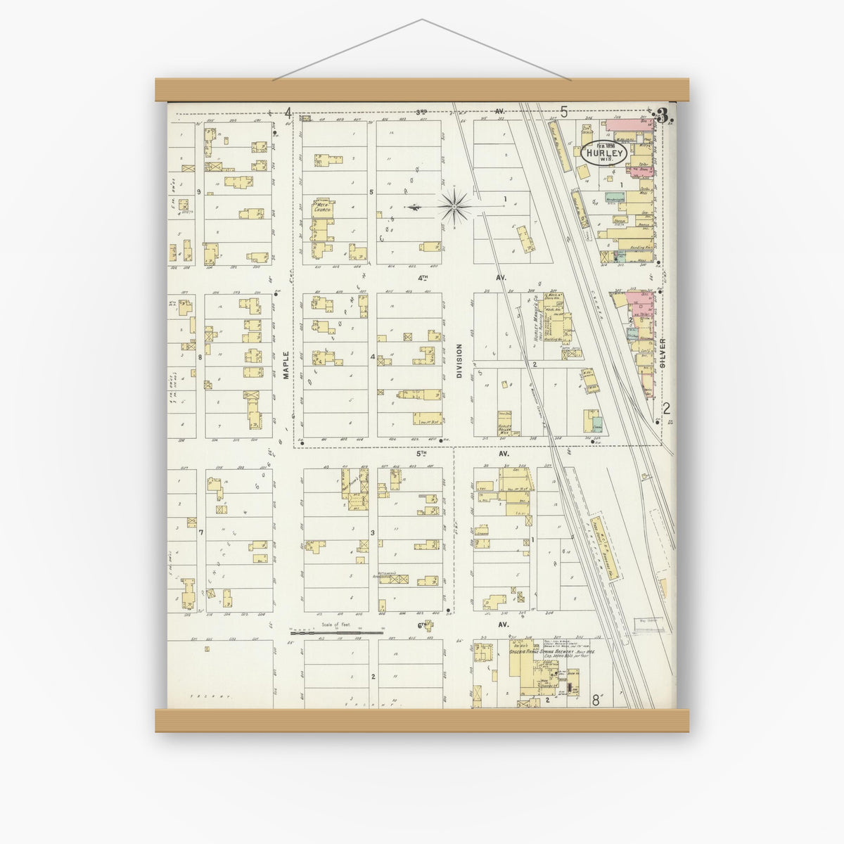 Old map wall art mockup — magnetic wood frame on white wall — Sanborn Fire Insurance Map from Hurley, Iron County, Wisconsin (1898), Sheet #0003