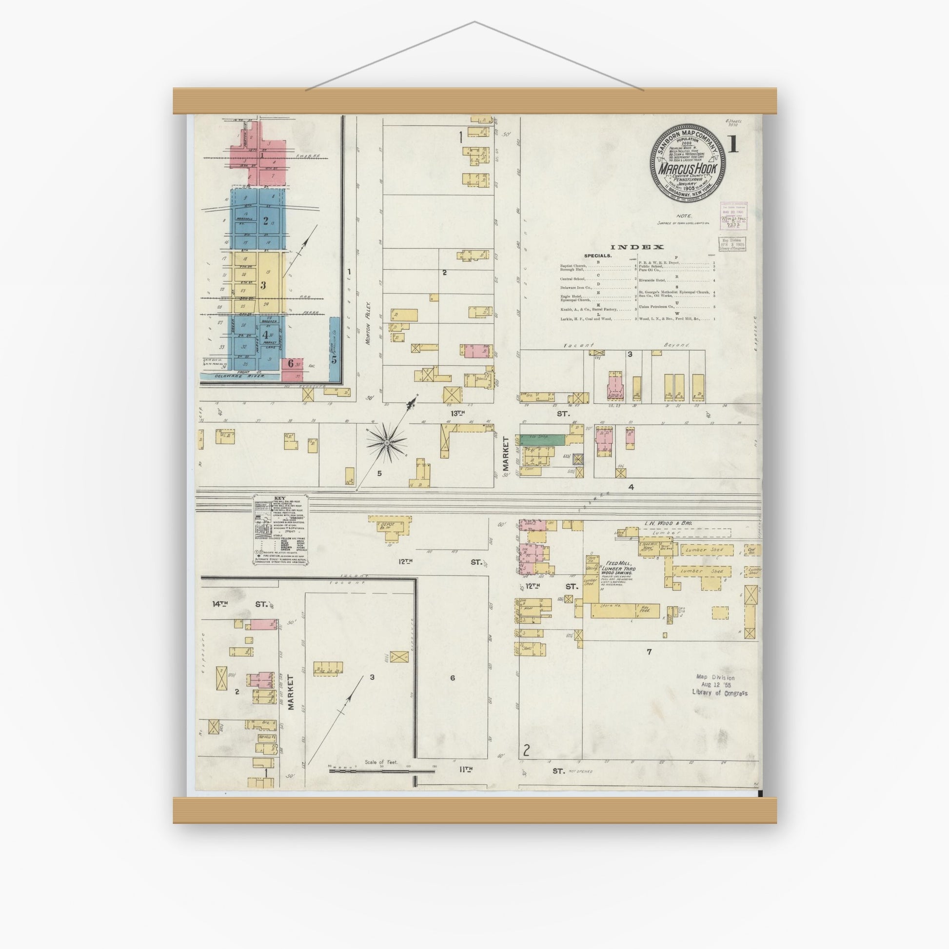 Old map wall art mockup — magnetic wood frame on white wall — Sanborn Fire Insurance Map from Marcus Hook, Chester County, Pennsylvania (1905) - Complete Map Set