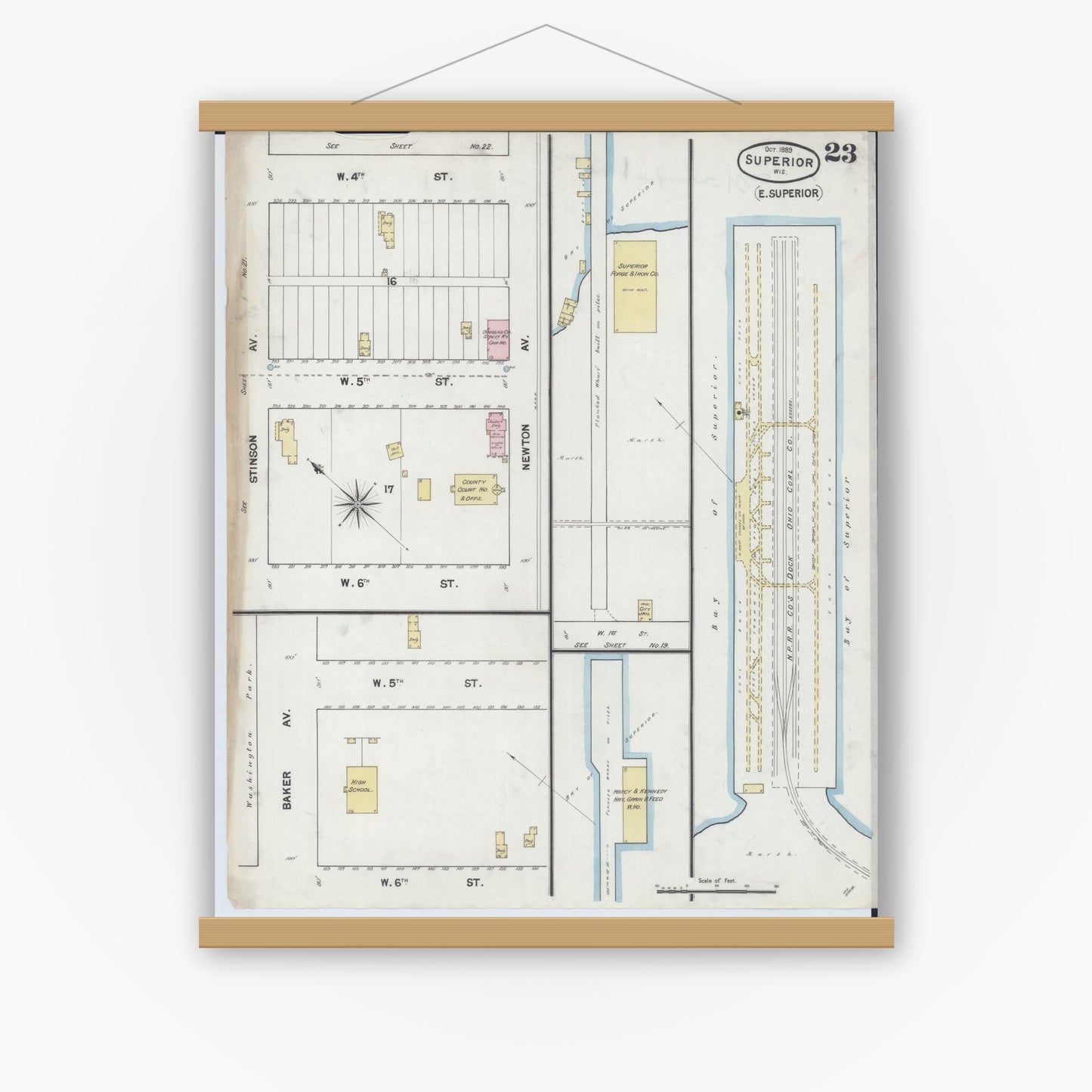 Old map wall art mockup — magnetic wood frame on white wall — Sanborn Fire Insurance Map from Superior, Douglas County, Wisconsin (1887), Sheet #0023