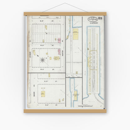 Old map wall art mockup — magnetic wood frame on white wall — Sanborn Fire Insurance Map from Superior, Douglas County, Wisconsin (1887), Sheet #0023